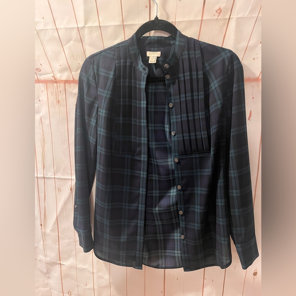 J. Crew Navy and Green Plaid Button-Up Top